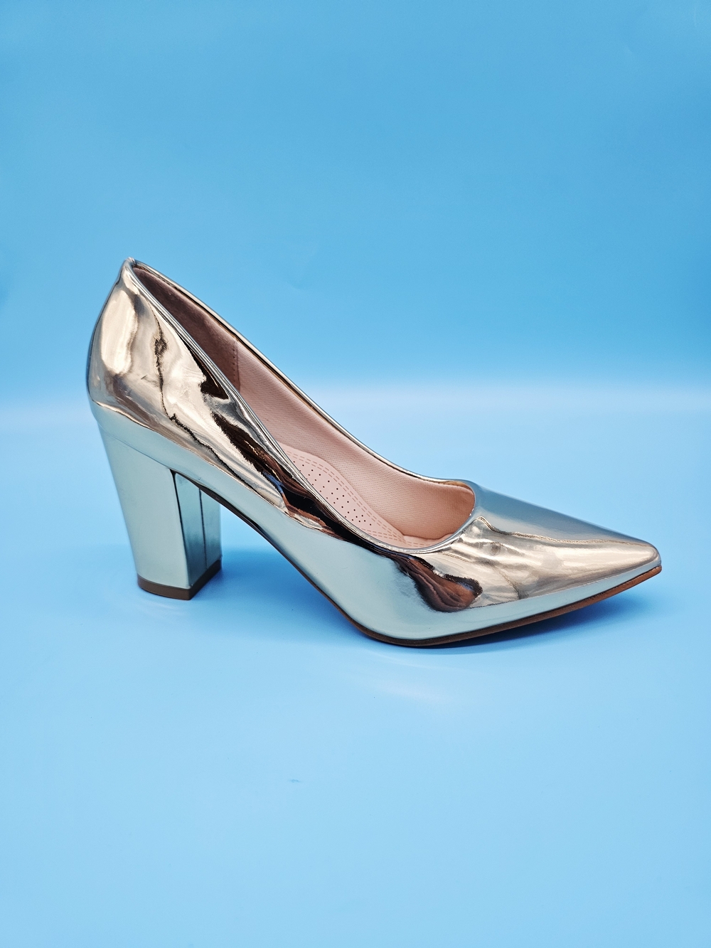 Metallic Rose Gold Block Heel Pumps - Women